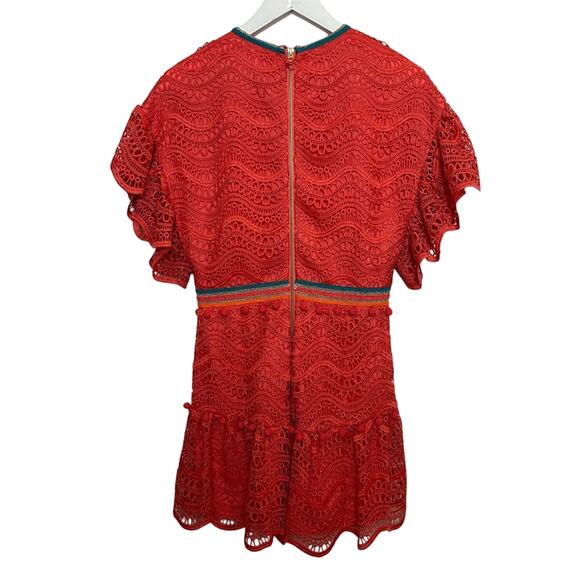 SAYLOR Coral Merrill Romper Scallop Embroidery Pink Orange Crochet Pom Pom Small - Picture 4 of 9